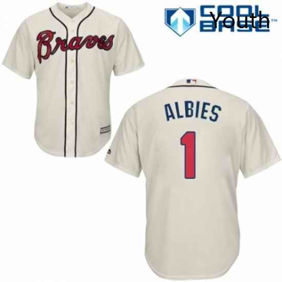 Youth Majestic Atlanta Braves 1 Ozzie Albies Authentic Cream Alternate 2 Cool Base MLB Jersey